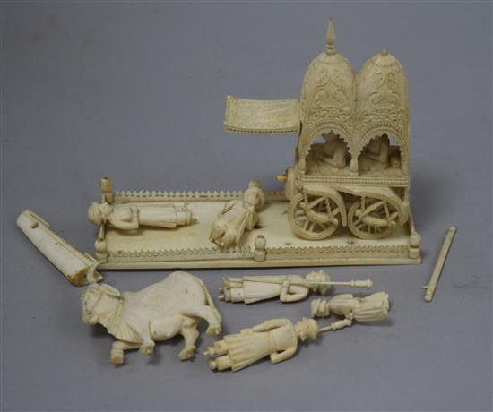 An Indian ivory ox and carriage group